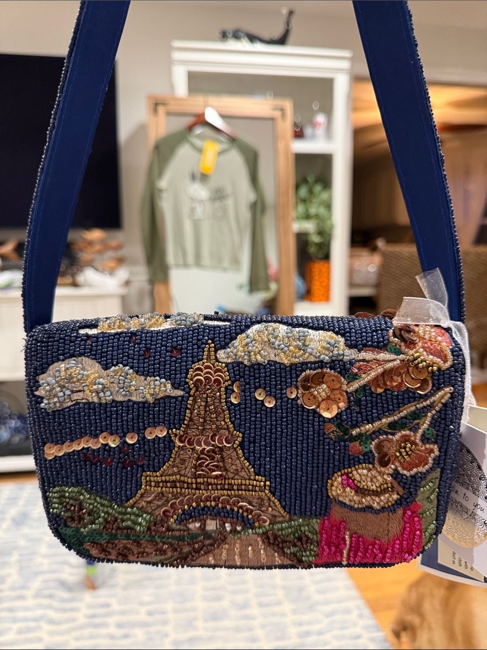 NWT Embellished Navy Beaded Crossbody Bag with Paris Motif
